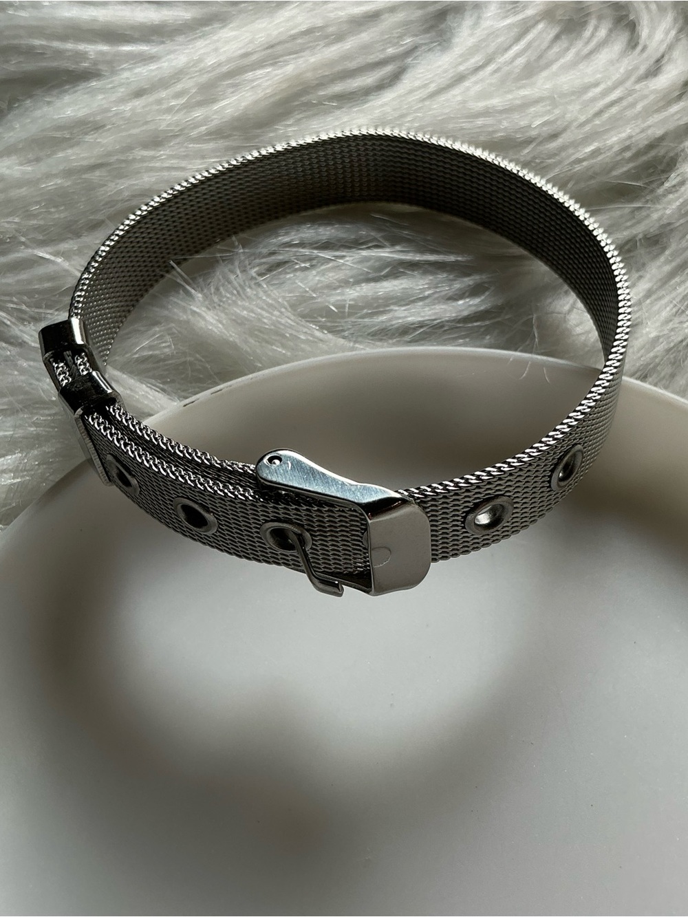 Mesh Metal Silver-Tone Bracelet with Buckle Clasp
